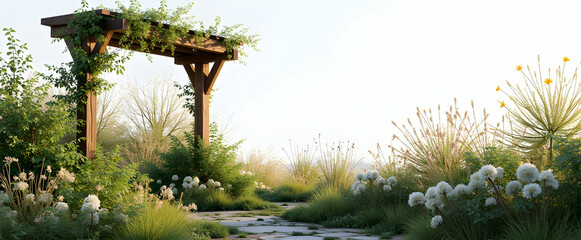 Serene garden path, a wooden archway draped in vines, leads to a tranquil oasis of white flowers and swaying grasses under a soft, sunlit sky.