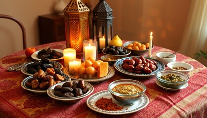 Fototapeta premium A beautifully arranged table featuring various traditional foods and candles for a festive gathering.