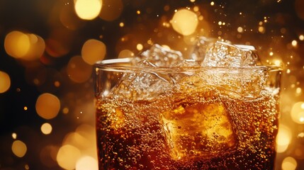 Sparkling brown soda with ice in a glass against a bokeh background.