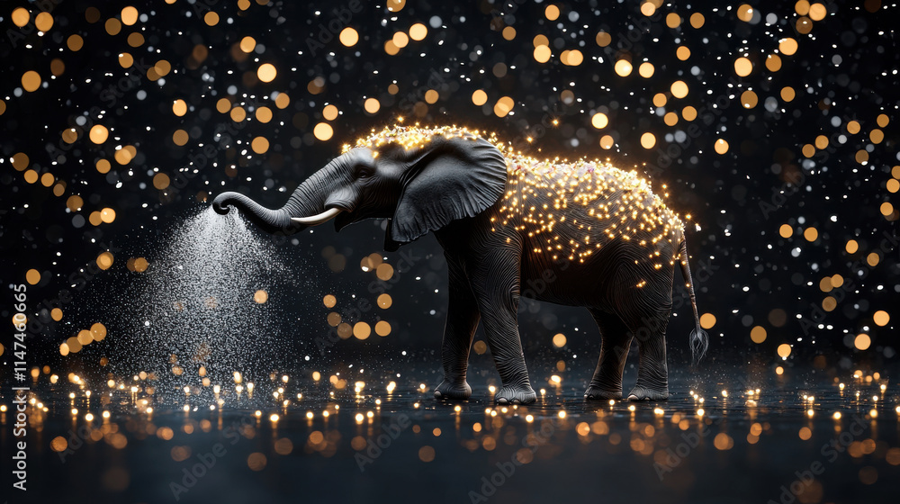 Poster joyful elephant adorned with sparkling lights, creating magical atmosphere. scene is filled with shi