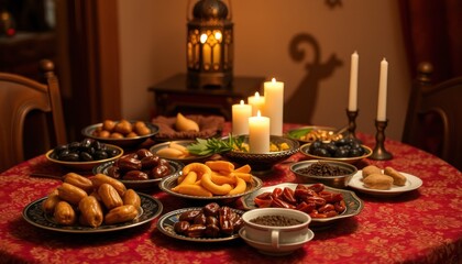 Naklejka premium A beautifully arranged table with various traditional foods and candles, creating a warm atmosphere.