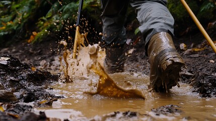 Mud Splashes From Hiking Boots In A Forest Trail