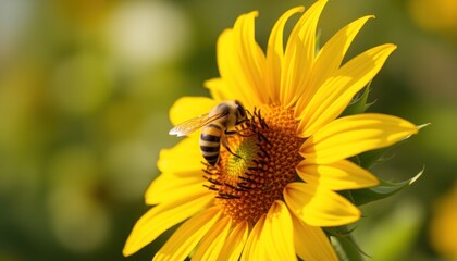 A bee pollinates a vibrant sunflower, showcasing nature's beauty and ecological importance.
