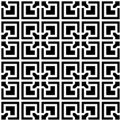 Seamless black and white geometric pattern, featuring symmetrical and abstract designs. Suitable for backgrounds, wallpapers, textiles, fabrics, etc.