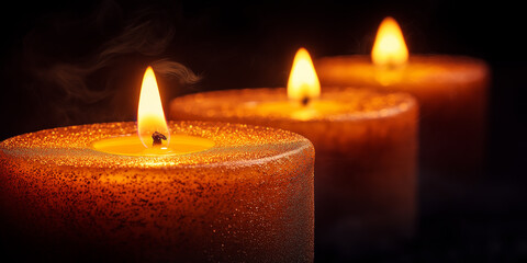 Warm Valentine&rsquo;s candlelight design featuring textured gold candles with soft flickering flames in a dark setting
