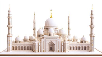 A detailed 3D render of a grand white mosque with multiple domes, minarets, and intricate architectural details, isolated on a white background.