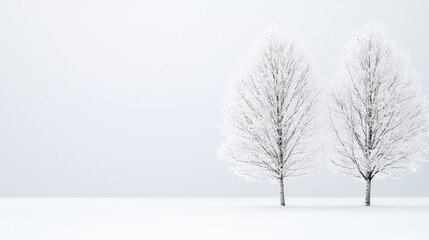 Fototapeta premium Two frosted trees stand side by side in a minimalist winter landscape under a foggy white sky.