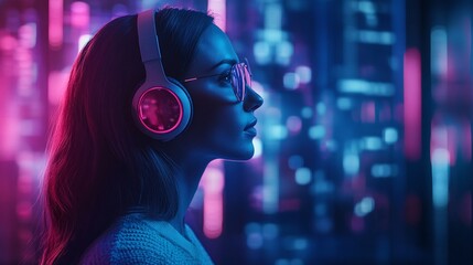 A woman wearing headphones, immersed in a vibrant, digital atmosphere.