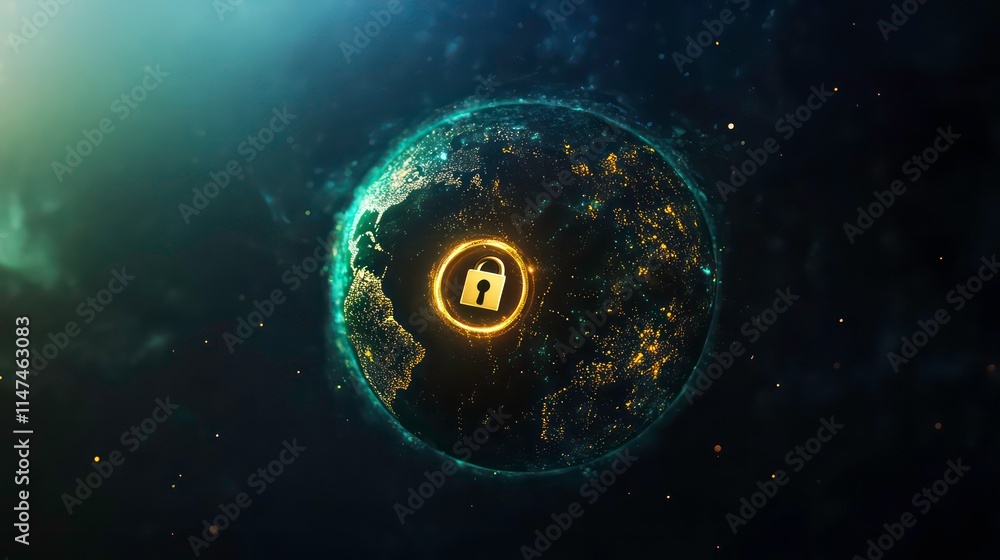 Poster global network security concept earth with a padlock symbol.