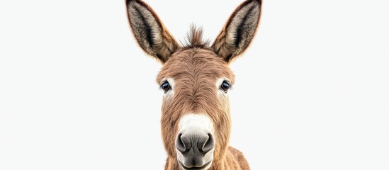 Close-up portrait of a brown donkey against a white background.