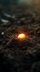 A solitary golden egg nestled in dark, rich soil, symbolizing new beginnings and potential.
