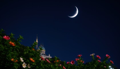 Naklejka premium A crescent moon shines over a garden of colorful flowers at night, creating a serene atmosphere.