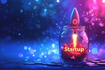 A digital illustration of a jar filled with glowing coins and the word "Startup" highlighted, with a rocket launching upwards and trails of light surrounding it.