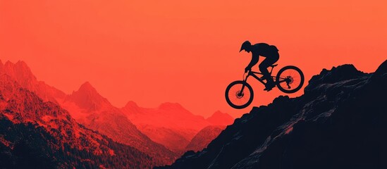 Silhouette of mountain biker jumping over rocks at sunset.