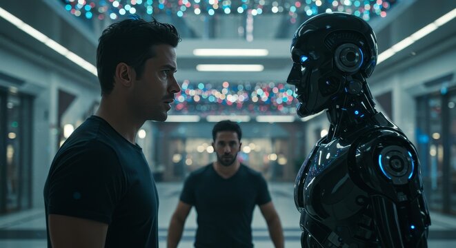 AI Robot vs Alien, AI, Robots and androids. AI Taking over the world, the concept of confrontation between humanity and artificial intelligence, alien invasion