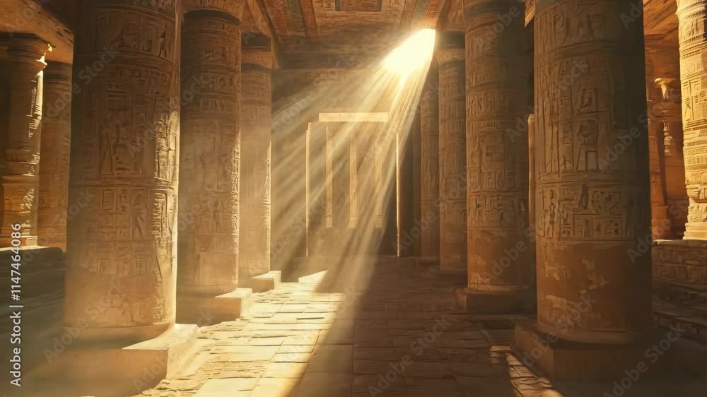Poster exploring an ancient egyptian temple illuminated by sunlight and adorned with hieroglyphics, ancient