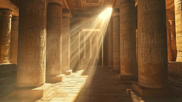 Exploring an ancient Egyptian temple illuminated by sunlight and adorned with hieroglyphics, ancient Egyptian temple with hieroglyphics, Seamless ing video background
