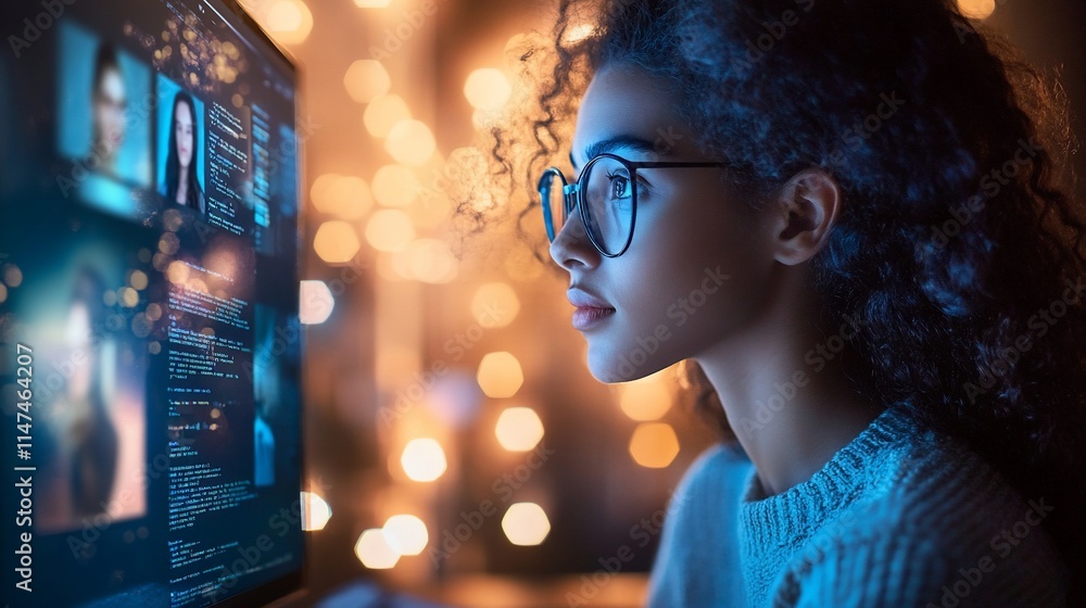 Poster a young woman focused on a computer screen with coding and digital images.