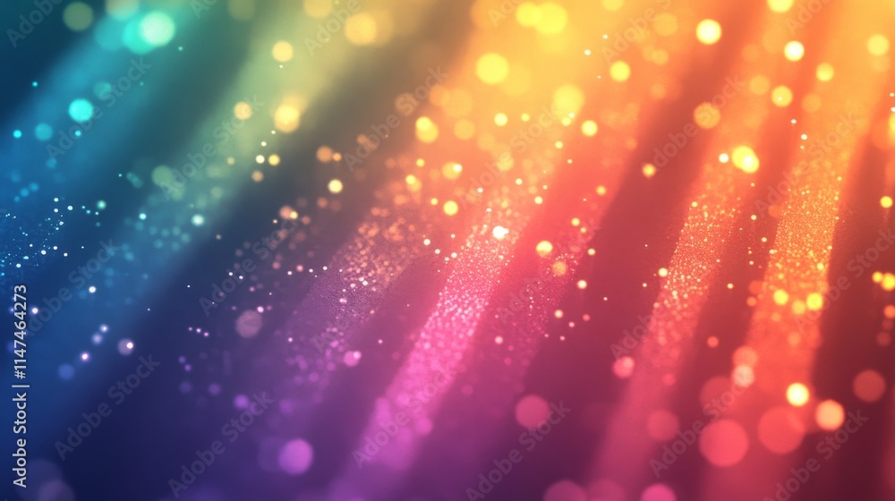 Poster abstract rainbow background with glowing particles and bokeh lights.