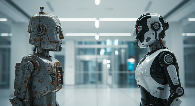 AI Robot vs Alien, AI, Robots and androids. AI Taking over the world, the concept of confrontation between humanity and artificial intelligence, alien invasion