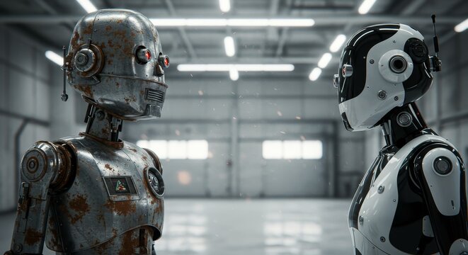 AI Robot vs Alien, AI, Robots and androids. AI Taking over the world, the concept of confrontation between humanity and artificial intelligence, alien invasion