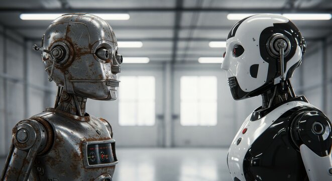 AI Robot vs Alien, AI, Robots and androids. AI Taking over the world, the concept of confrontation between humanity and artificial intelligence, alien invasion