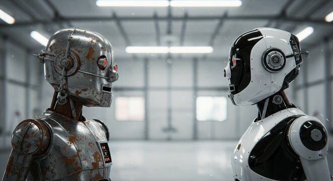 AI Robot vs Alien, AI, Robots and androids. AI Taking over the world, the concept of confrontation between humanity and artificial intelligence, alien invasion