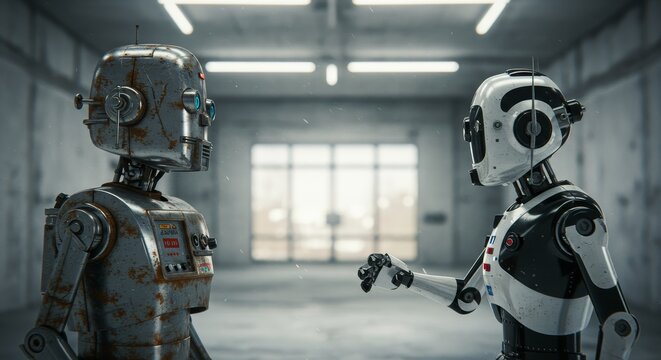 AI Robot vs Alien, AI, Robots and androids. AI Taking over the world, the concept of confrontation between humanity and artificial intelligence, alien invasion