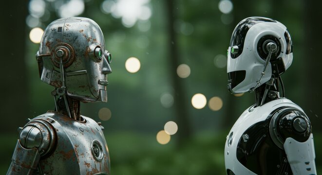 AI Robot vs Alien, AI, Robots and androids. AI Taking over the world, the concept of confrontation between humanity and artificial intelligence, alien invasion