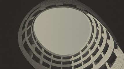Fototapeta premium Futurist architectural design of a circular building with spiral balconies viewed from a low angle against a dark background.