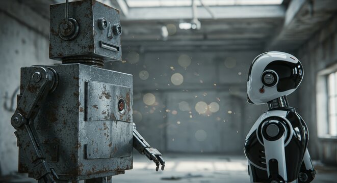 AI Robot vs Alien, AI, Robots and androids. AI Taking over the world, the concept of confrontation between humanity and artificial intelligence, alien invasion