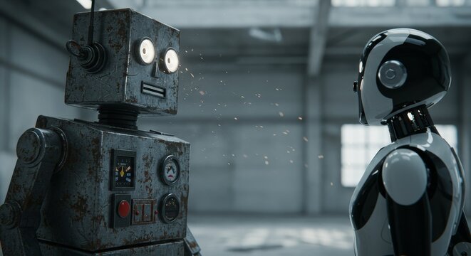 AI Robot vs Alien, AI, Robots and androids. AI Taking over the world, the concept of confrontation between humanity and artificial intelligence, alien invasion