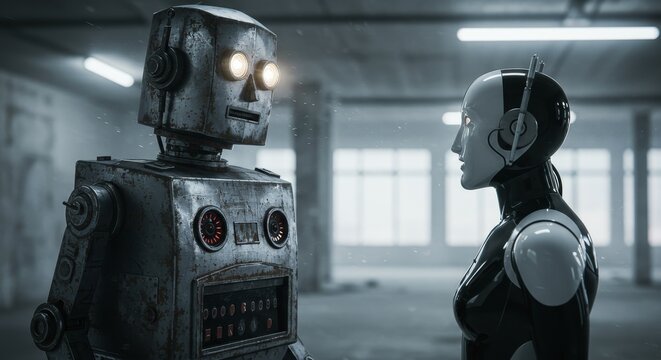 AI Robot vs Alien, AI, Robots and androids. AI Taking over the world, the concept of confrontation between humanity and artificial intelligence, alien invasion