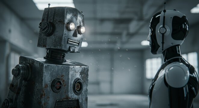 AI Robot vs Alien, AI, Robots and androids. AI Taking over the world, the concept of confrontation between humanity and artificial intelligence, alien invasion