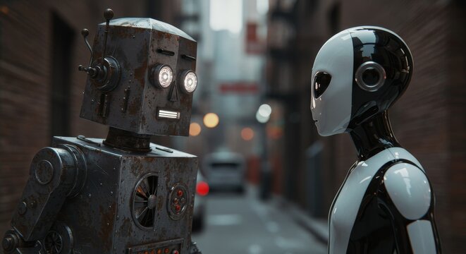 AI Robot vs Alien, AI, Robots and androids. AI Taking over the world, the concept of confrontation between humanity and artificial intelligence, alien invasion