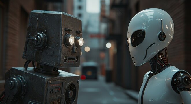 AI Robot vs Alien, AI, Robots and androids. AI Taking over the world, the concept of confrontation between humanity and artificial intelligence, alien invasion