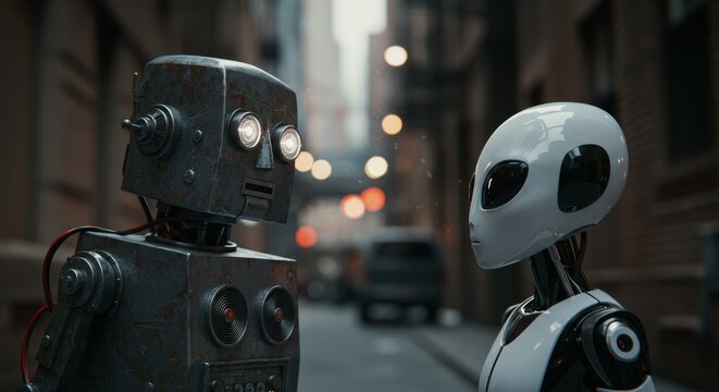 AI Robot vs Alien, AI, Robots and androids. AI Taking over the world, the concept of confrontation between humanity and artificial intelligence, alien invasion