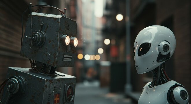 AI Robot vs Alien, AI, Robots and androids. AI Taking over the world, the concept of confrontation between humanity and artificial intelligence, alien invasion