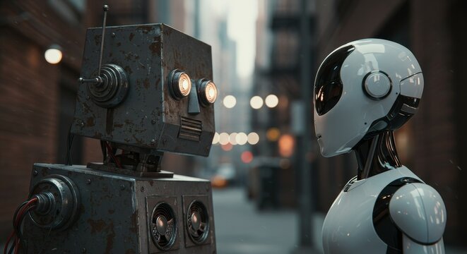 AI Robot vs Alien, AI, Robots and androids. AI Taking over the world, the concept of confrontation between humanity and artificial intelligence, alien invasion