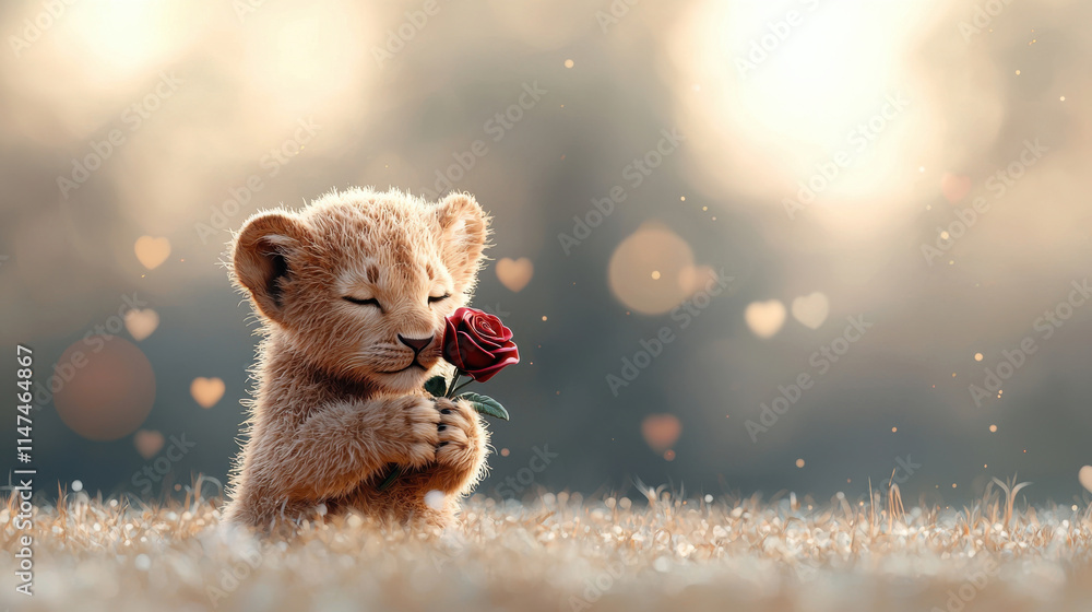 Poster cute lion cub holding red rose, surrounded by dreamy background with soft bokeh lights, evokes sense