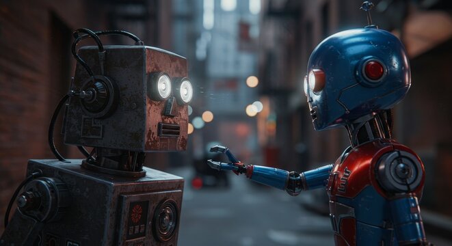 AI Robot vs Alien, AI, Robots and androids. AI Taking over the world, the concept of confrontation between humanity and artificial intelligence, alien invasion
