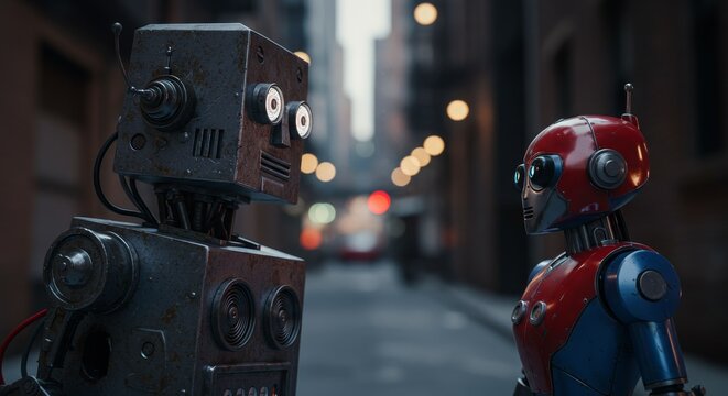 AI Robot vs Alien, AI, Robots and androids. AI Taking over the world, the concept of confrontation between humanity and artificial intelligence, alien invasion