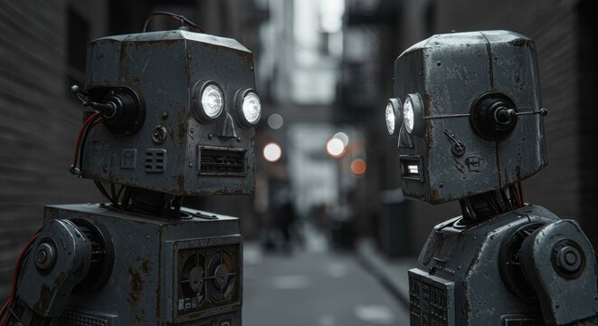 AI Robot vs Alien, AI, Robots and androids. AI Taking over the world, the concept of confrontation between humanity and artificial intelligence, alien invasion