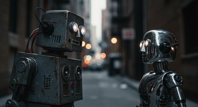 AI Robot vs Alien, AI, Robots and androids. AI Taking over the world, the concept of confrontation between humanity and artificial intelligence, alien invasion