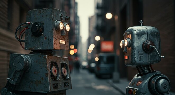 AI Robot vs Alien, AI, Robots and androids. AI Taking over the world, the concept of confrontation between humanity and artificial intelligence, alien invasion