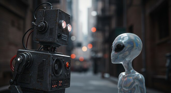 AI Robot vs Alien, AI, Robots and androids. AI Taking over the world, the concept of confrontation between humanity and artificial intelligence, alien invasion