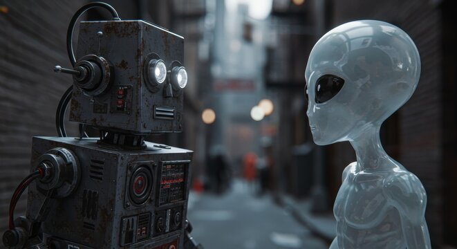 AI Robot vs Alien, AI, Robots and androids. AI Taking over the world, the concept of confrontation between humanity and artificial intelligence, alien invasion
