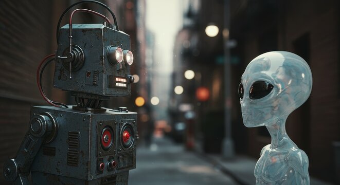 AI Robot vs Alien, AI, Robots and androids. AI Taking over the world, the concept of confrontation between humanity and artificial intelligence, alien invasion