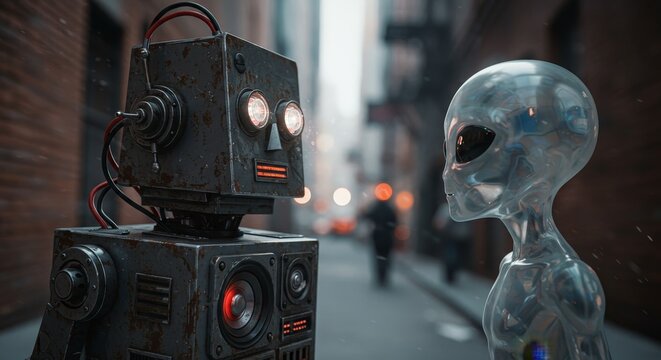 AI Robot vs Alien, AI, Robots and androids. AI Taking over the world, the concept of confrontation between humanity and artificial intelligence, alien invasion