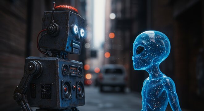 AI Robot vs Alien, AI, Robots and androids. AI Taking over the world, the concept of confrontation between humanity and artificial intelligence, alien invasion